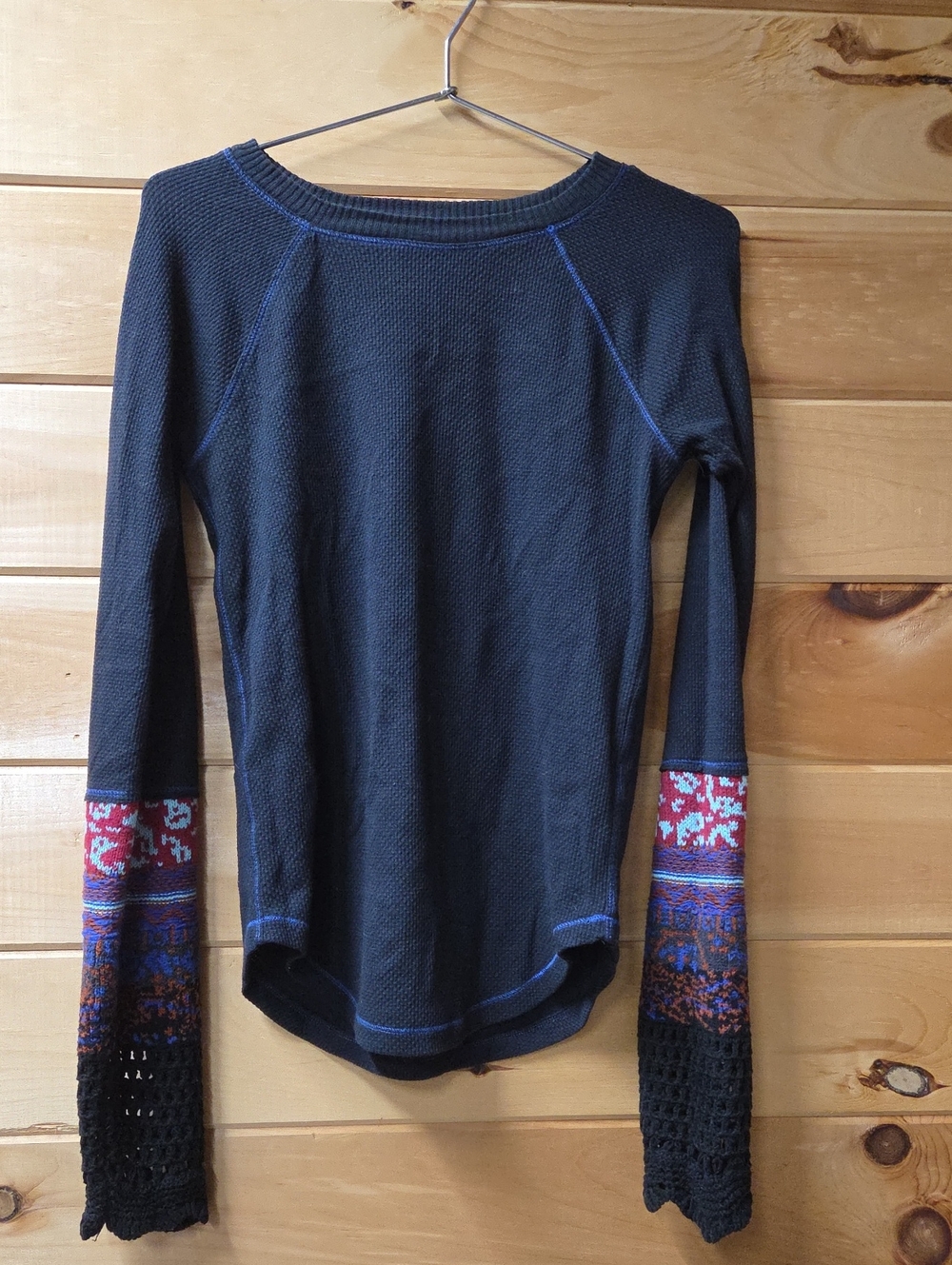 Free People Black Long Sleeve Thermal Top with Colorful Patterned Cuffs